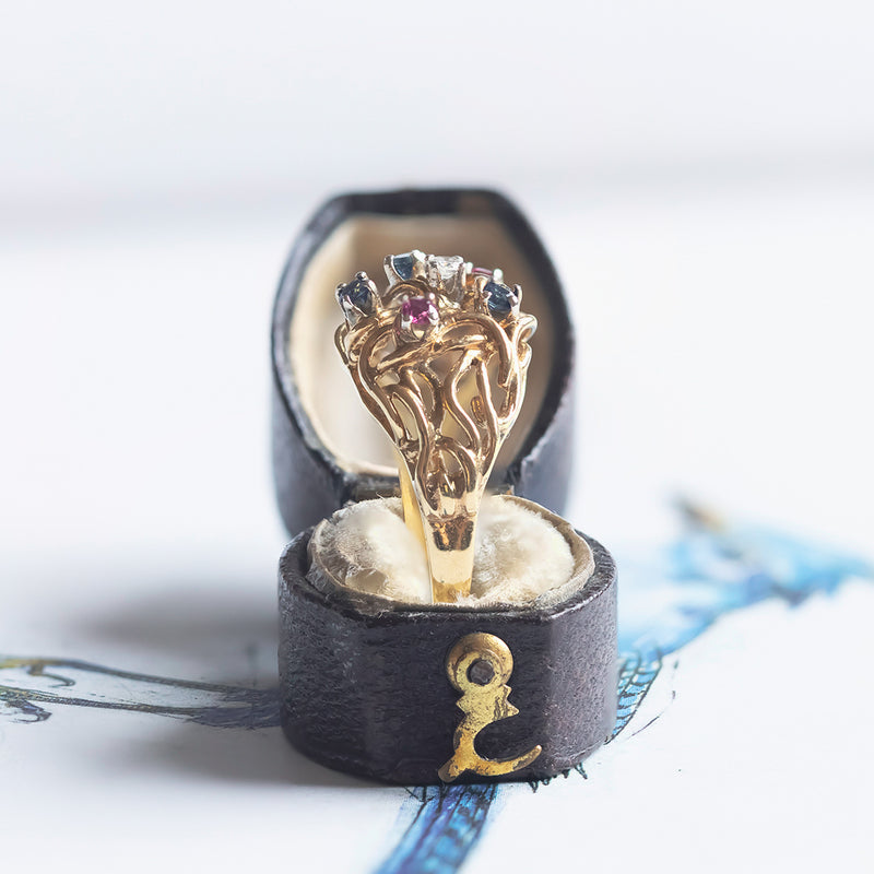 Anello vintage in oro 14K con diamante, zaffiri e rubini, anni '70