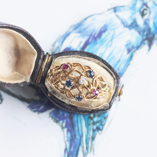Anello vintage in oro 14K con diamante, zaffiri e rubini, anni '70