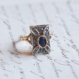 Vintage antique style ring in 14K gold and silver, with sapphire and rosette cut diamonds