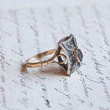 Vintage antique style ring in 14K gold and silver, with sapphire and rosette cut diamonds