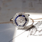 Antique 18K white gold ring with diamonds (central 0.56 ct) and blue enamels, 40s - Antichità Galliera
