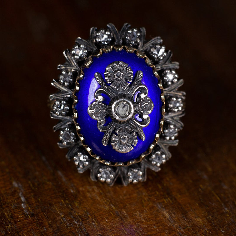 Anello vintage in oro 18K e argento, con smalti blu e diamanti, anni '60 - Antichità Galliera