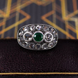 Antiker Ring aus 18 Karat Gold und Silber mit Smaragd- und Diamantrosetten, Anfang des 900. Jahrhunderts - Antichità Galliera