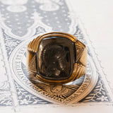 Antique 10K gold men's ring with engraved hematite and diamonds, 1940s