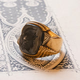 Antique 10K gold men's ring with engraved hematite and diamonds, 40s