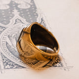 Antique 10K gold men's ring with engraved hematite and diamonds, 40s