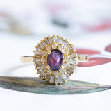 Anello vintage in oro 14K con rubino centrale e diamanti, anni '60