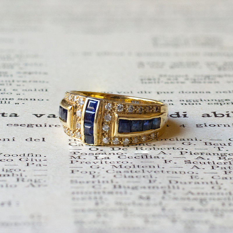 Vintage 18K gold ring with sapphires and diamonds, 70s / 80s