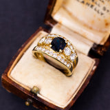 Vintage 18K gold ring with central sapphire and 1.5ct diamonds, 50s - Antichità Galliera