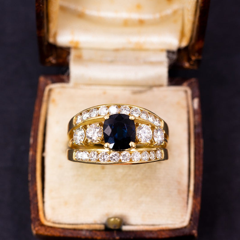 Anello vintage in oro 18K con zaffiro centrale e 1.5ct di diamanti, anni '50 - Antichità Galliera