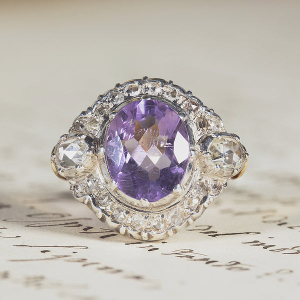 Vintage 18K gold ring with amethyst and diamonds, 1950s