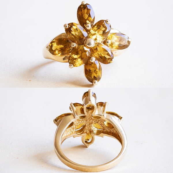 Anello vintage in oro 14K con quarzi citrini, anni '60