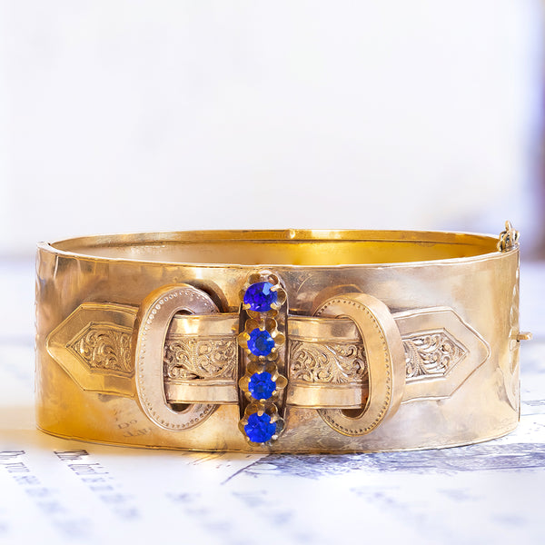 Bracciale rigido Borbonico in oro 18K con paste di vetro blu, seconda metà dell'800