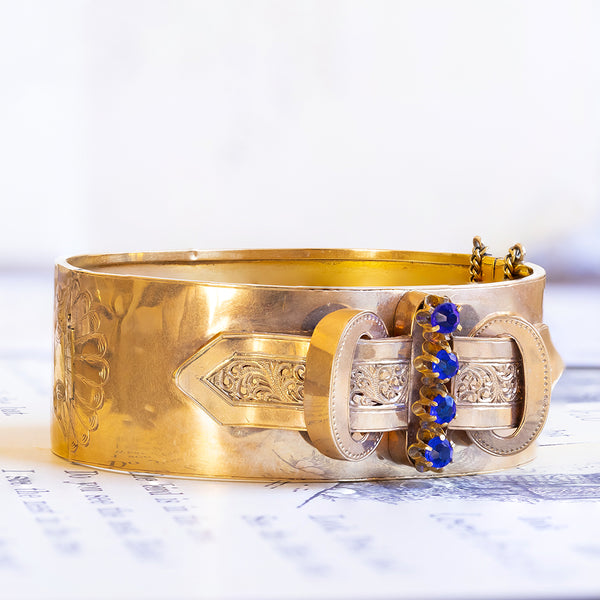 Bracciale rigido Borbonico in oro 18K con paste di vetro blu, seconda metà dell'800