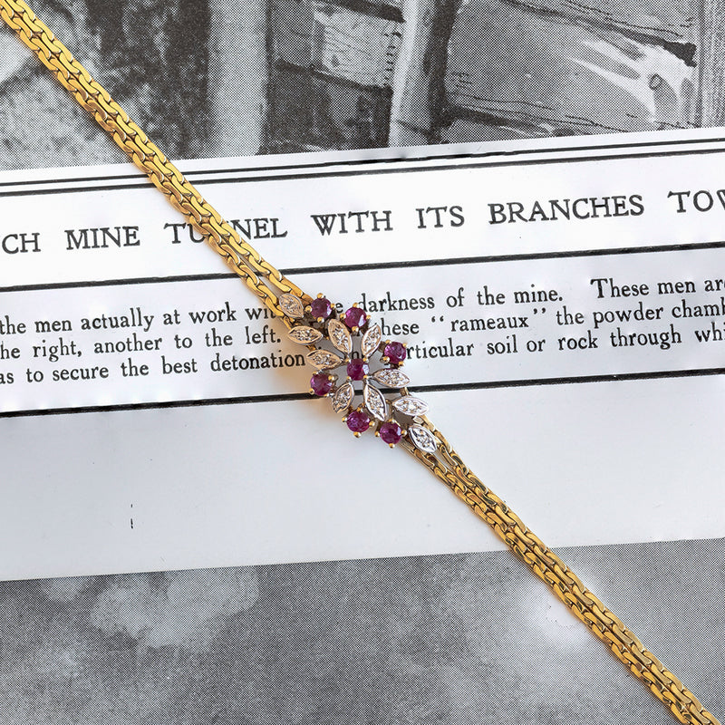 Bracciale morbido vintage in oro 14K con diamanti e rubini, anni '60
