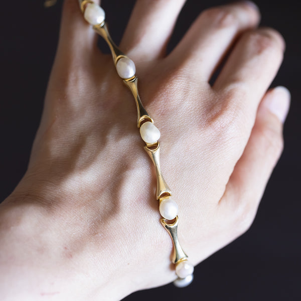 Bracciale vintage in oro 14K con perle, anni '70