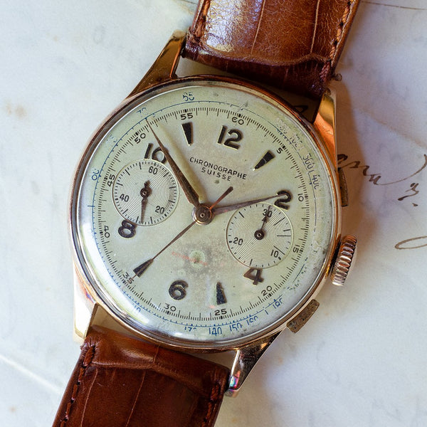 Cronografo da polso Chronographe Suisse vintage in oro 18K, anni '50 - Antichità Galliera