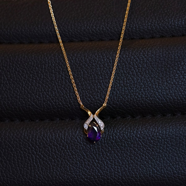 Collana vintage in oro 14K con ametista e diamanti, anni '70