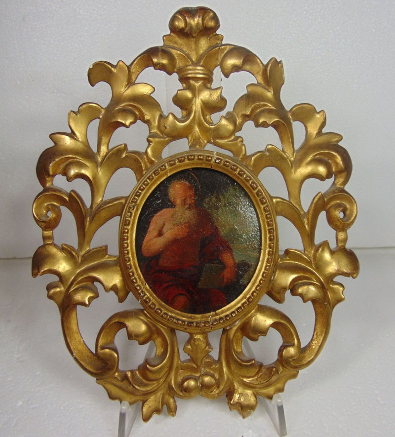 Dipinto del '700, olio su rame raffigurante San Girolamo e cornice risalente al XIX sec - Antichità Galliera