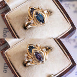 Bague navette vintage en or 14 carats avec topaze bleue et diamants, années 60/70