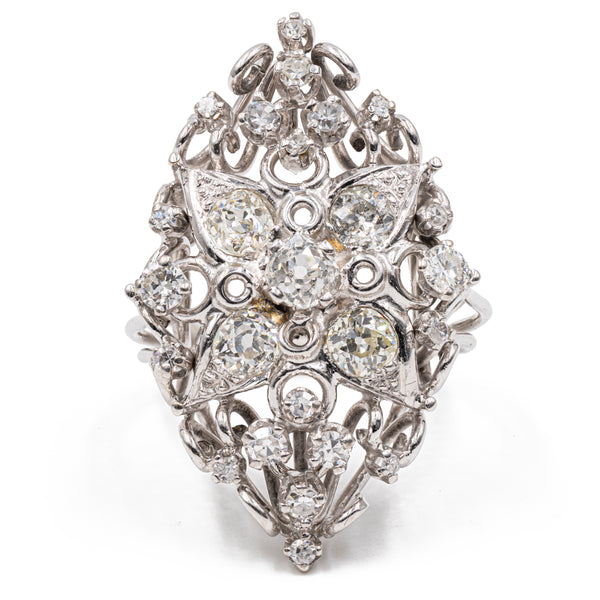 Anello vintage in oro bianco 18k con 1,75ct di diamanti, anni '50/'60