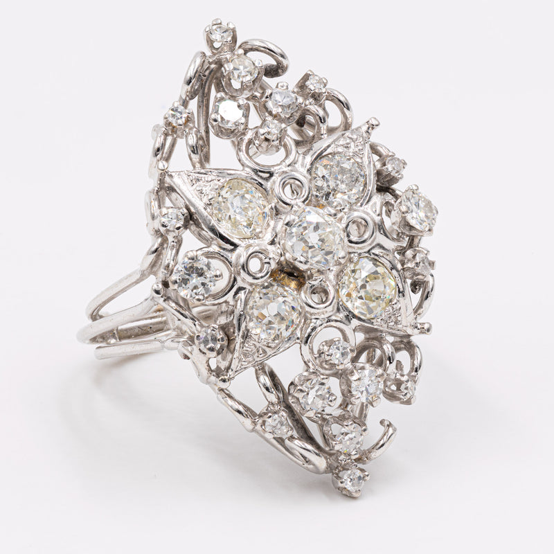 Anello vintage in oro bianco 18k con 1,75ct di diamanti, anni '50/'60