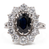 Vintage 18k White Gold Sapphire (2.40ct) & Diamonds (1.50ctw) Daisy Ring, 60s