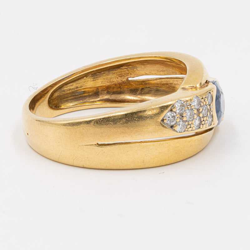 Anello vintage in oro giallo 18k con zaffiro (1ct) e diamanti (0.18ct), anni '60/'70