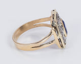 Anello in oro 18k con zaffiro e diamanti taglio rosetta, anni 50