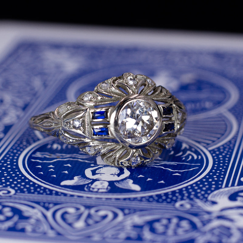Anello Art Déco in oro bianco 18K con diamanti e zaffiri