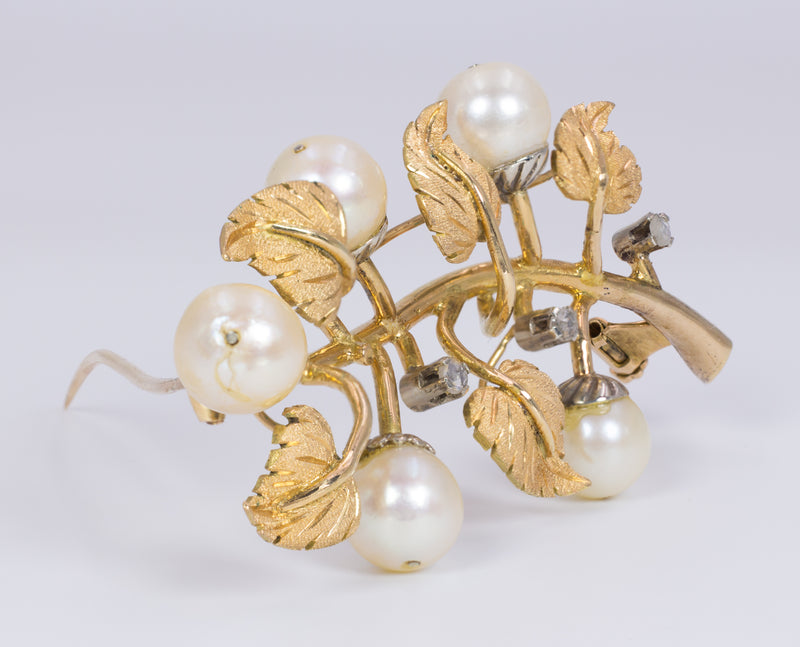 Spilla vintage in oro 18k con perle e rosette di diamante, anni 50