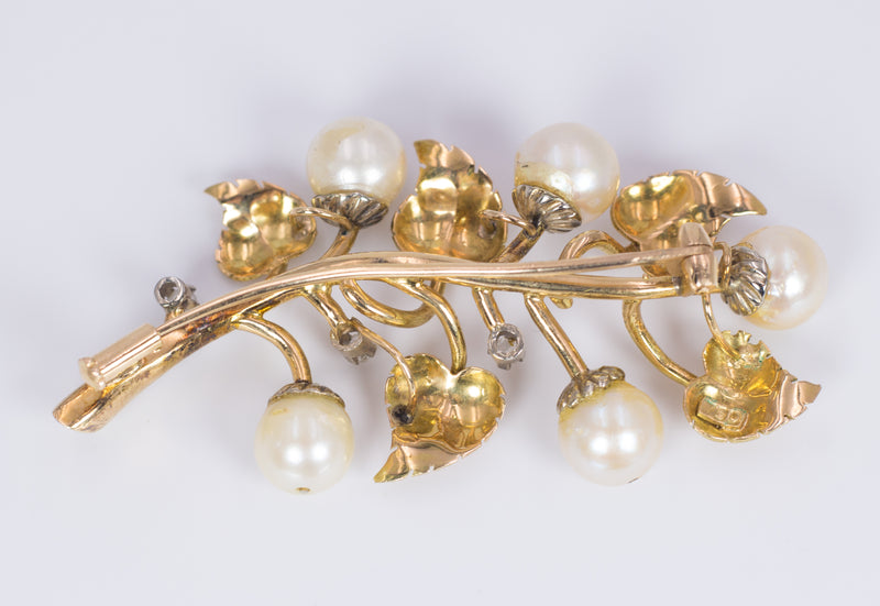 Spilla vintage in oro 18k con perle e rosette di diamante, anni 50