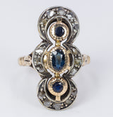 Antique 18k gold ring with sapphires and diamond rosettes, 50s