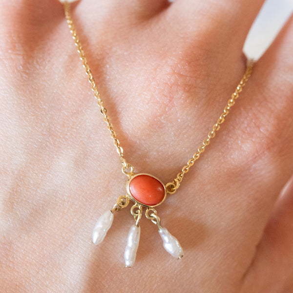 Vintage 14K gold coral and pearl necklace, 1950s