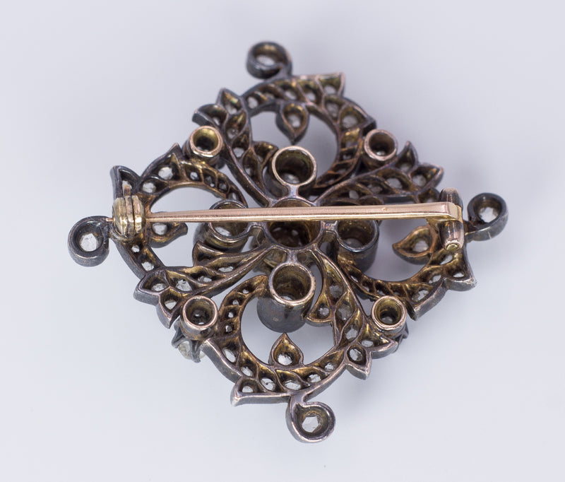 Spilla antica in oro e argento con diamanti taglio vecchia miniera e rosette e perla, primi del '900 - Antichità Galliera