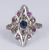 Vintage ring in 9k gold and silver with sapphire, rubies and diamond rosettes - Antichità Galliera