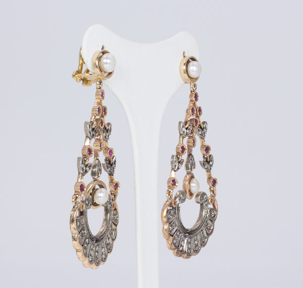Orecchini in stile antico in oro 14k e argento con diamanti, rubini e perle - Antichità Galliera