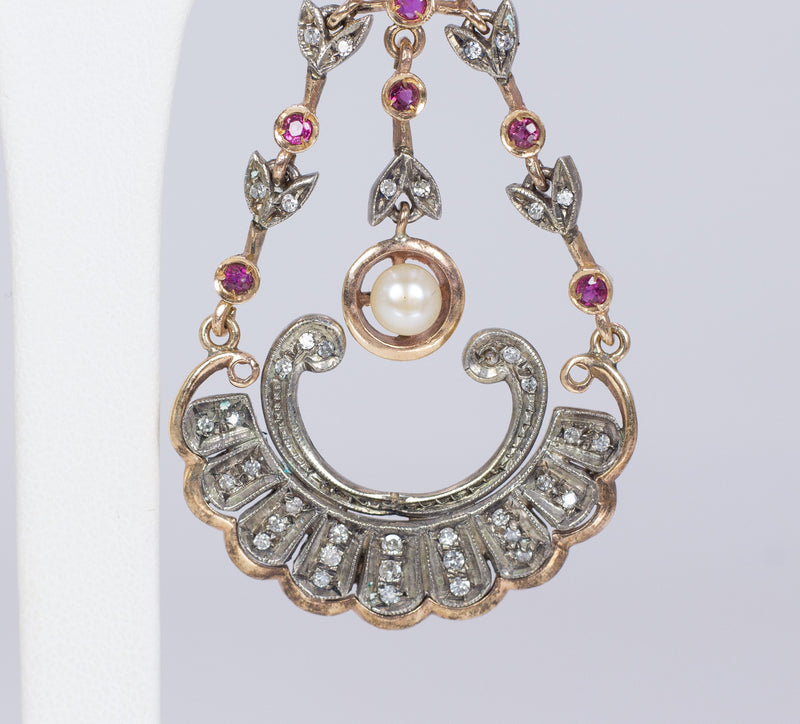 Orecchini in stile antico in oro 14k e argento con diamanti, rubini e perle - Antichità Galliera