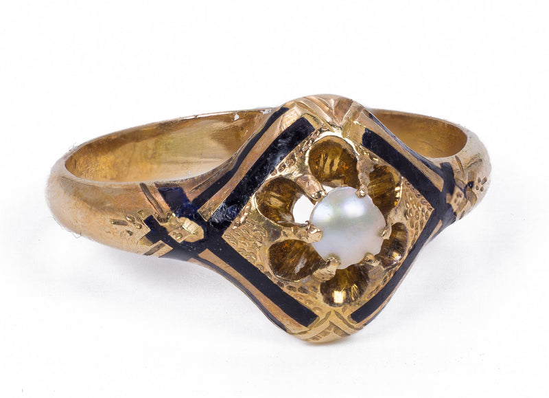 Anello antico in oro 18k con smalti e perlina, primi del '900 - Antichità Galliera