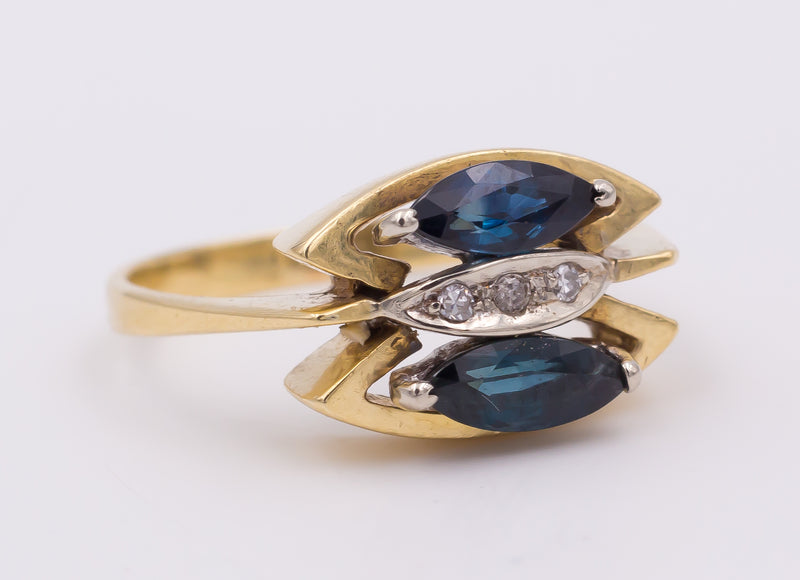 Anello vintage in oro con zaffiri e diamanti , anni 70