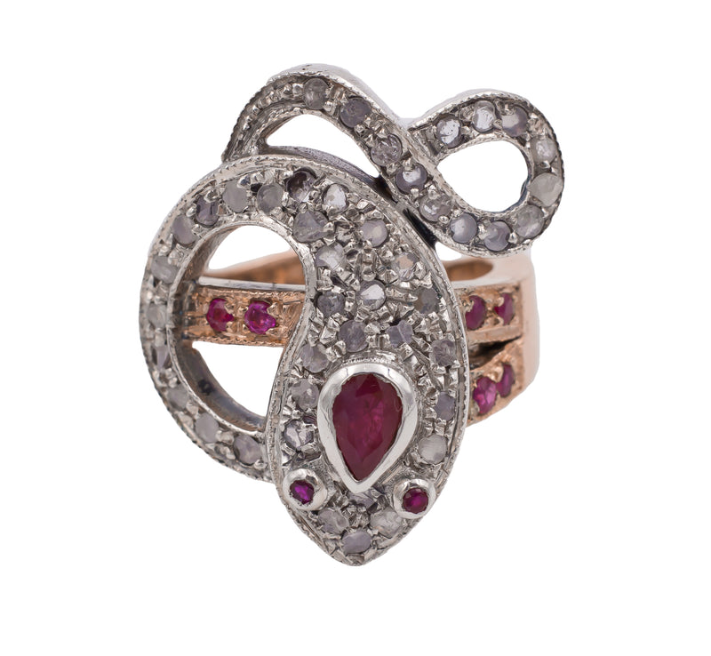 Vintage white and yellow gold ring with rubies and rosette cut diamonds