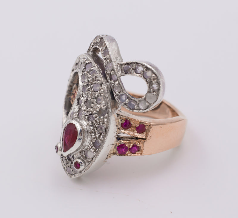 Vintage white and yellow gold ring with rubies and rosette cut diamonds