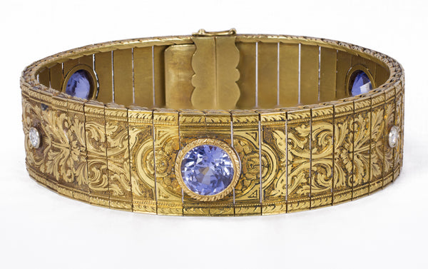 Bracciale antico in oro 18k inciso a mano, con zaffiri e diamanti. Primi del '900 - Antichità Galliera
