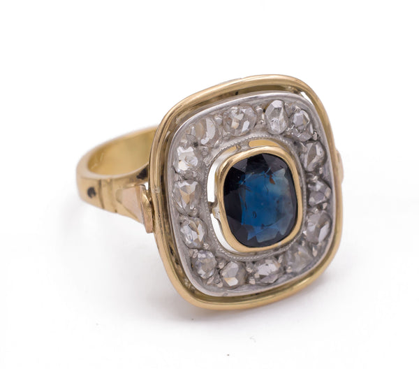 Bague vintage en or avec diamants taillés en rosette et saphir central, 1950