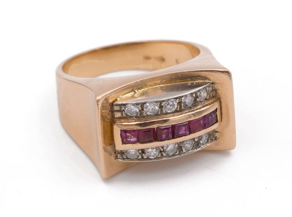 Vintage 18K gold ring with diamonds and rubies, 1940s