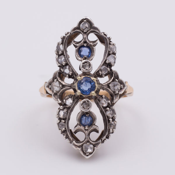 Antique gold and silver ring with sapphires and diamonds, around 1920