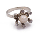Vintage white gold ring with pearl and rosettes, 30s