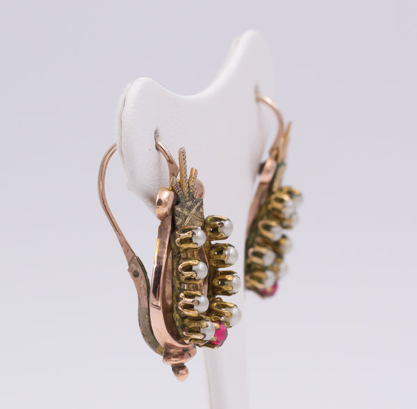 Bourbon earrings in gold with beads and red stone. Second part of the 19th century