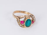 Antique 14k gold ring with green and red glass paste and beads. Early 900s - Antichità Galliera