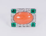 Anello Art Decò  in oro bianco  18k con diamanti, smeraldi e corallo. - Antichità Galliera